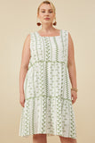 HY8718W Green Plus Botanical Embroidered Ruffle Tiered Tank Dress Front