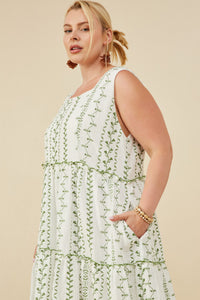 HY8718W Pink Plus Botanical Embroidered Ruffle Tiered Tank Dress Full Body