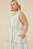 HY8718W Green Plus Botanical Embroidered Ruffle Tiered Tank Dress Full Body