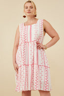 HY8718 Green Womens Botanical Embroidered Ruffle Tiered Tank Dress Front