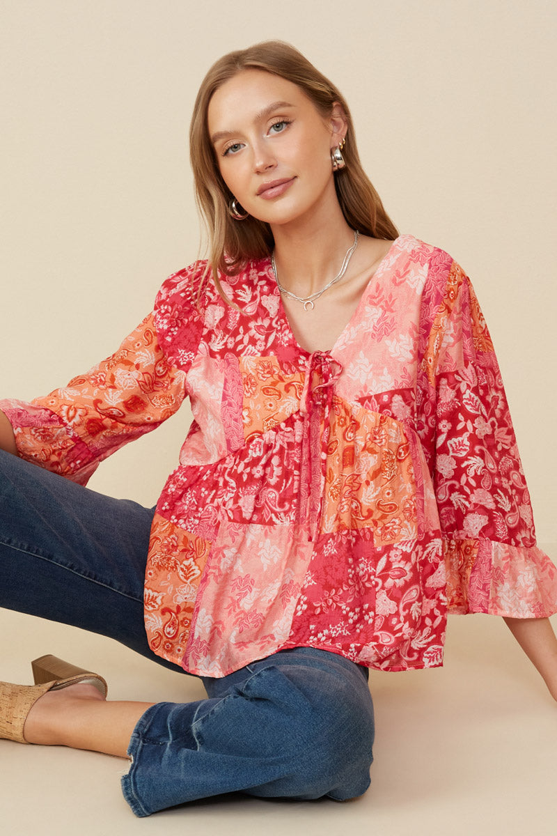 Print Blocked Cinch Sleeve Baby Doll Top