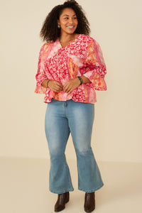 HY8719 Pink Mix Womens Print Blocked Cinch Sleeve Baby Doll Top Back