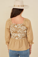 HY8721 Taupe Womens Floral Embroidered Mix Media Peplum Top Side