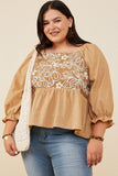 HY8721 Taupe Womens Floral Embroidered Mix Media Peplum Top Front
