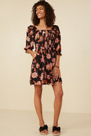 HY8725 Black Womens Floral Print Smocked Square Neck Dress Gif