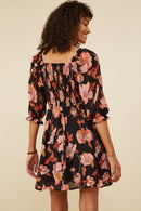 HY8725 Black Womens Floral Print Smocked Square Neck Dress Detail