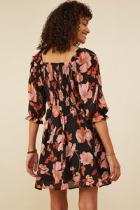 HY8725 Black Womens Floral Print Smocked Square Neck Dress Detail