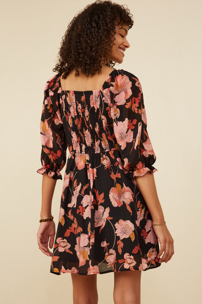 HY8725 Black Womens Floral Print Smocked Square Neck Dress Detail