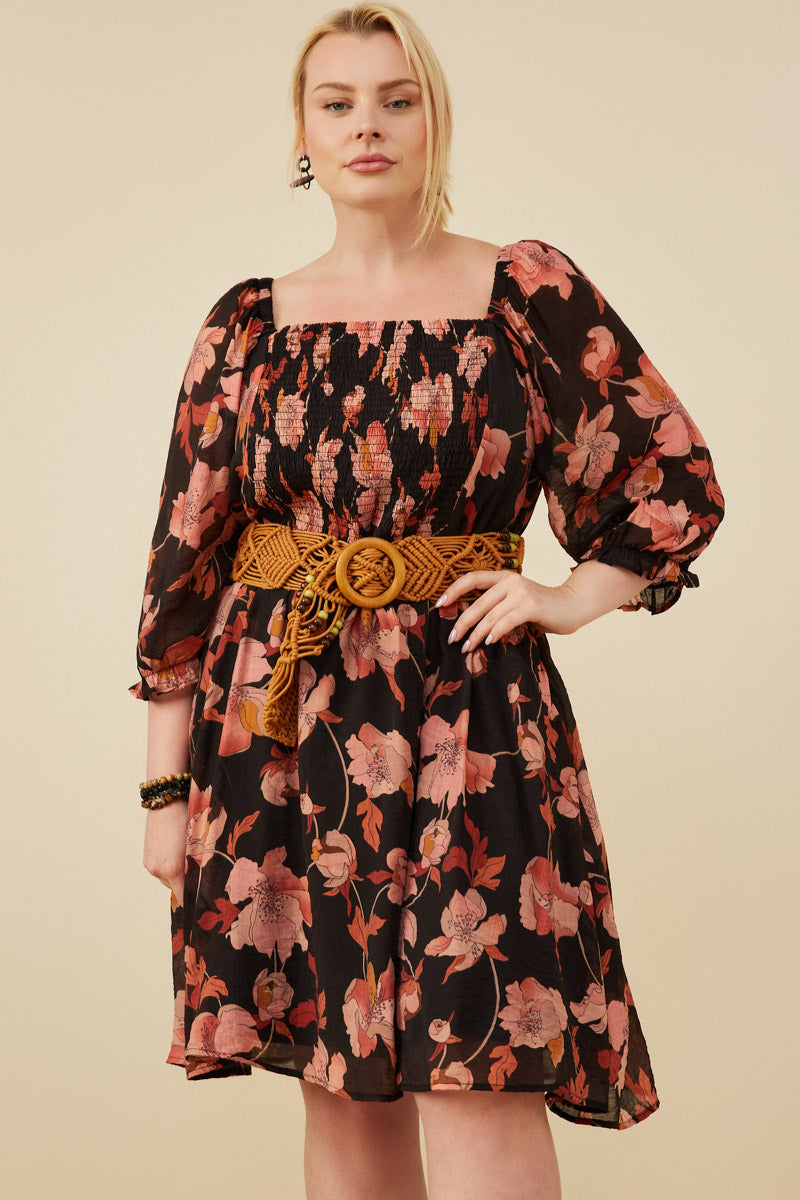 Floral Print Smocked Square Neck Dress