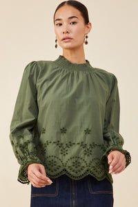 HY8733W Olive Plus Scallop Hem Eyelet Embroidered Top Front