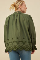 HY8733W Olive Plus Scallop Hem Eyelet Embroidered Top Full Body