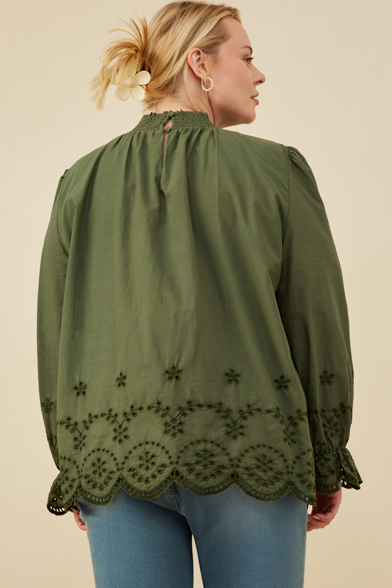 HY8733W Olive Plus Scallop Hem Eyelet Embroidered Top Full Body