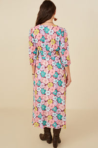 HY8734 Burgundy Mix Womens Floral Elastic And Smock Detail Dress Detail