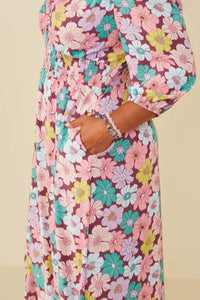 HY8734W Burgundy Mix Plus Floral Elastic And Smock Detail Dress Gif