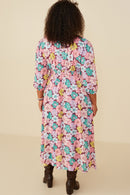 HY8734W Burgundy Mix Plus Floral Elastic And Smock Detail Dress Full Body