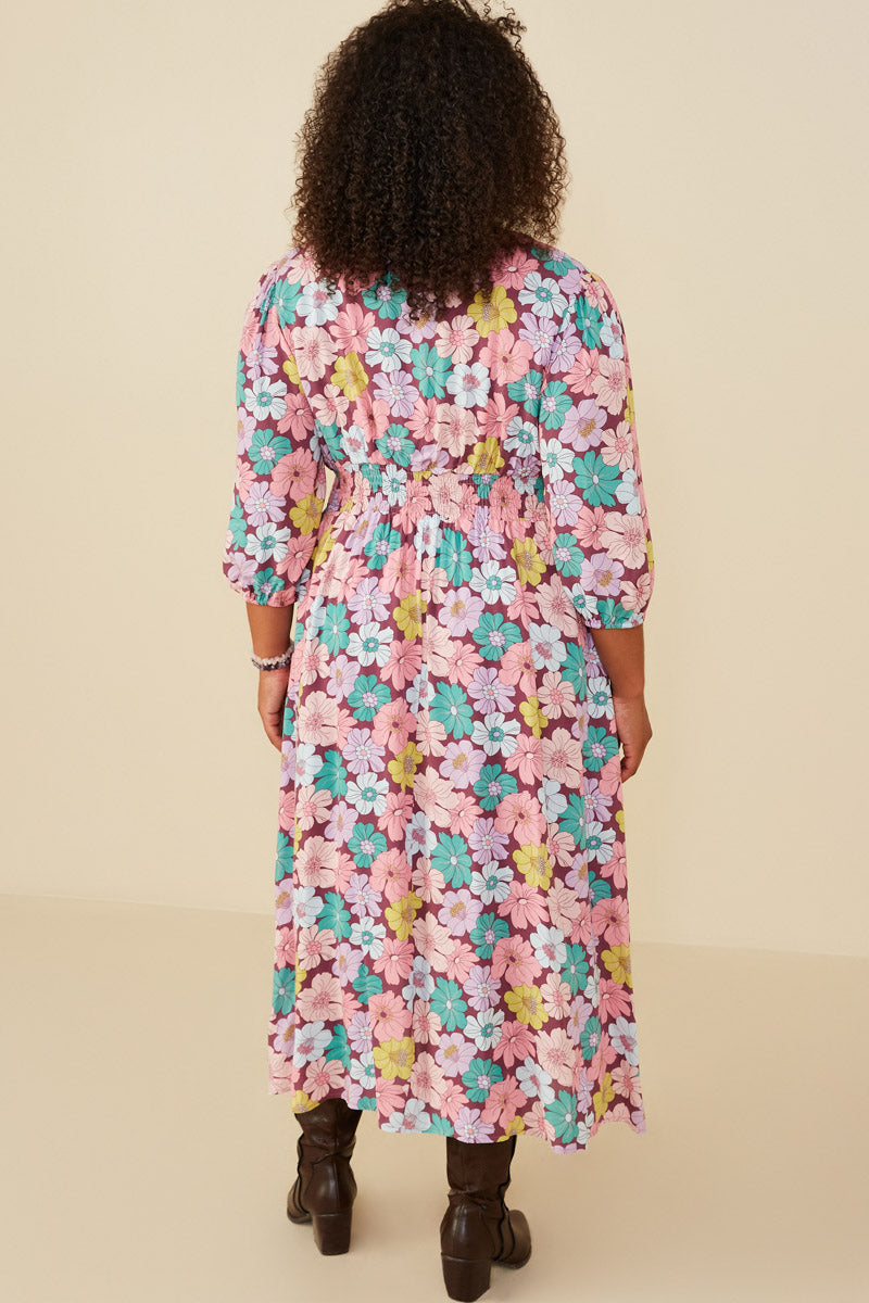 HY8734W Burgundy Mix Plus Floral Elastic And Smock Detail Dress Full Body