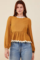 HY8739 Camel Womens Wavy Twill Trimmed Baby Doll Top Front