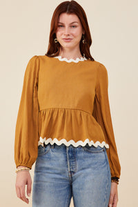 HY8739 Camel Womens Wavy Twill Trimmed Baby Doll Top Front