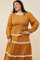 HY8739W Camel Plus Wavy Twill Trimmed Baby Doll Top Front