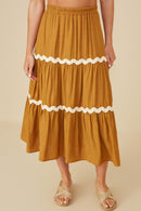 HY8740 Camel Womens Wavy Twill Trimmed Tiered Midi Skirt Front