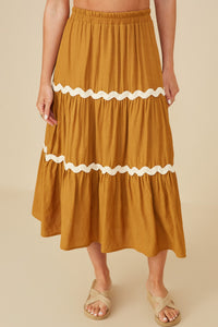 HY8740 Camel Womens Wavy Twill Trimmed Tiered Midi Skirt Front
