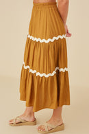 HY8740W Camel Plus Wavy Twill Trimmed Tiered Midi Skirt Front