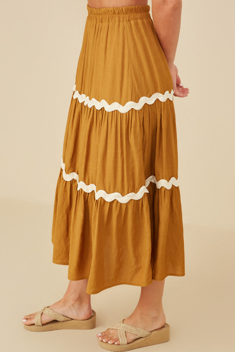 HY8740W Camel Plus Wavy Twill Trimmed Tiered Midi Skirt Front