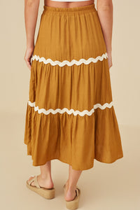 HY8740 Camel Womens Wavy Twill Trimmed Tiered Midi Skirt Gif