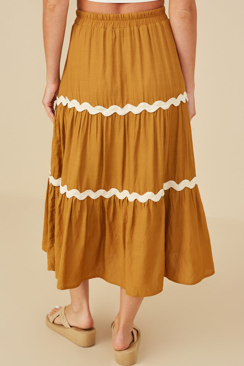 HY8740 Camel Womens Wavy Twill Trimmed Tiered Midi Skirt Gif