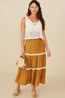 HY8740 Camel Womens Wavy Twill Trimmed Tiered Midi Skirt Side