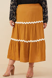 Wavy Twill Trimmed Tiered Midi Skirt
