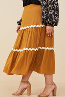 HY8740 Camel Womens Wavy Twill Trimmed Tiered Midi Skirt Back