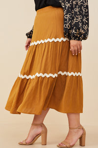 HY8740 Camel Womens Wavy Twill Trimmed Tiered Midi Skirt Back