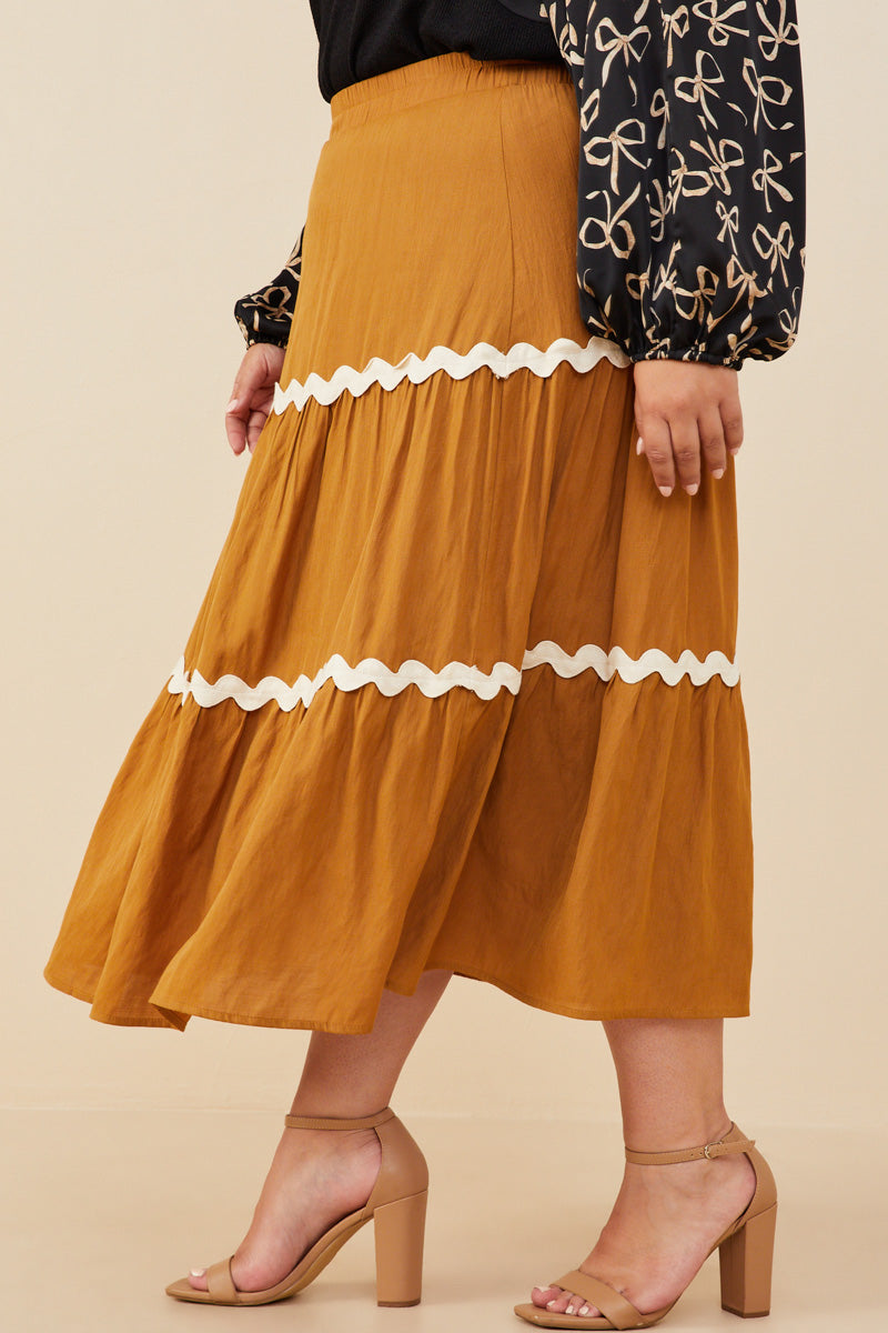 HY8740 Camel Womens Wavy Twill Trimmed Tiered Midi Skirt Back