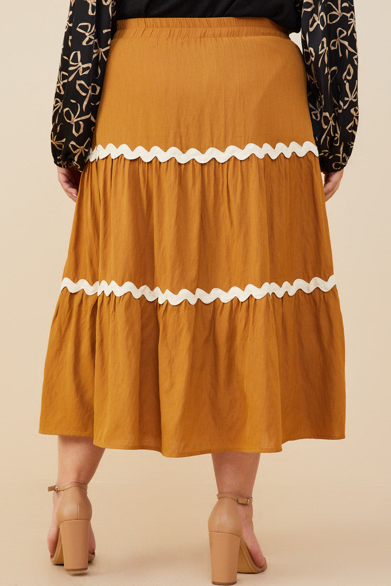 HY8740 Camel Womens Wavy Twill Trimmed Tiered Midi Skirt Full Body