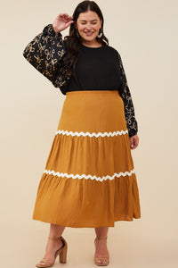 HY8740W Camel Plus Wavy Twill Trimmed Tiered Midi Skirt Gif