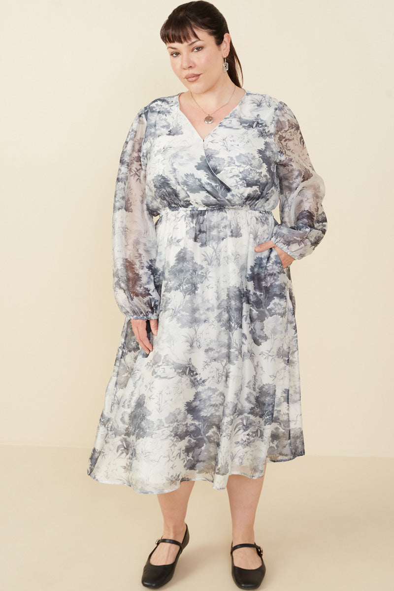 Monochrome Forest Print Satin Dress