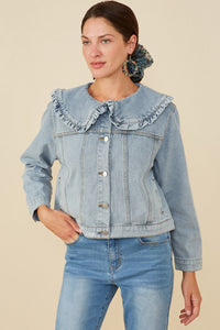 HY8759 Light Denim Womens Exaggerated Ruffle Collar Denim Jacket Back