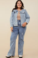 HY8759 Light Denim Womens Exaggerated Ruffle Collar Denim Jacket Front 2