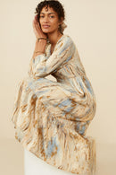 HY8762 Taupe Womens Oil Print Long Sleeve Gathered Bust Dress Pose