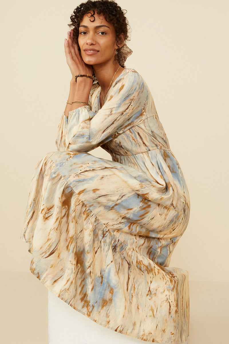 Oil Print Long Sleeve Gathered Bust Dress