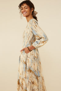 HY8762 Taupe Womens Oil Print Long Sleeve Gathered Bust Dress Front