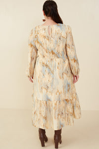 HY8762W Taupe Plus Oil Print Long Sleeve Gathered Bust Dress Front