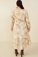 HY8762W Taupe Plus Oil Print Long Sleeve Gathered Bust Dress Front