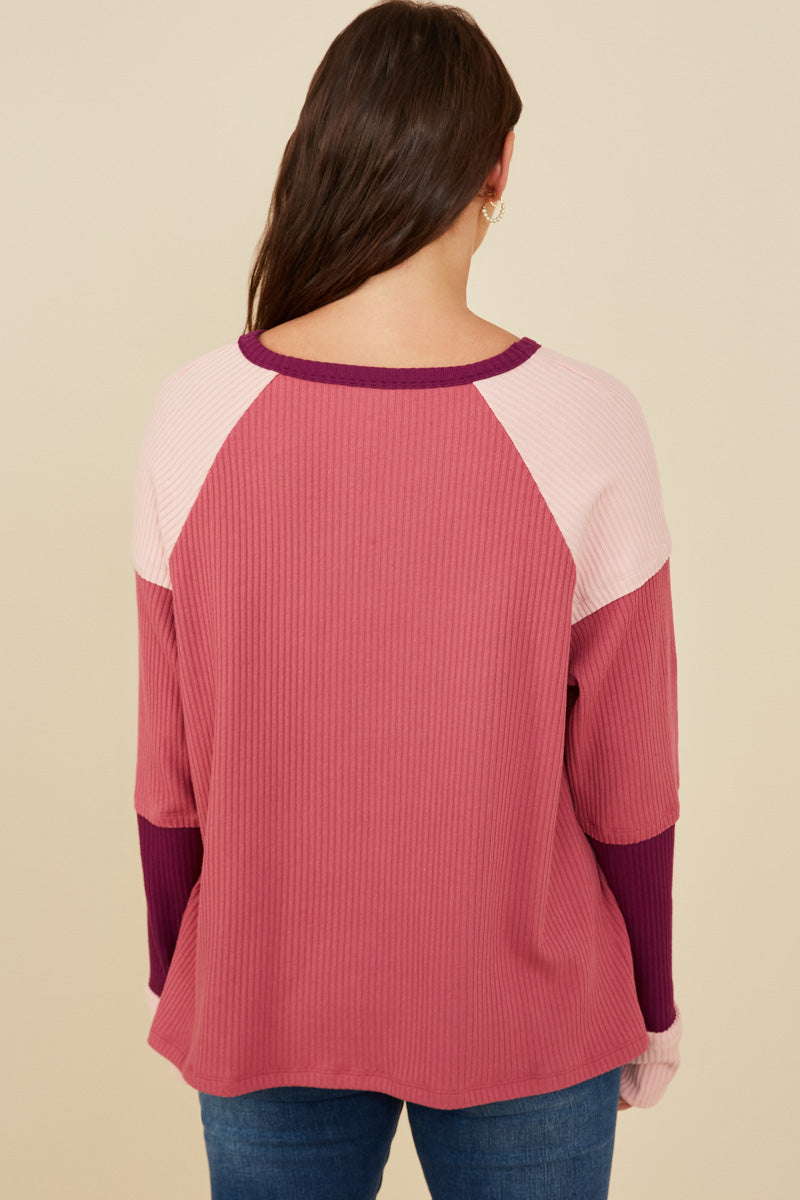 HY8769 Pink Mix Womens Color Block Ribbed Knit Long Sleeve Top Side