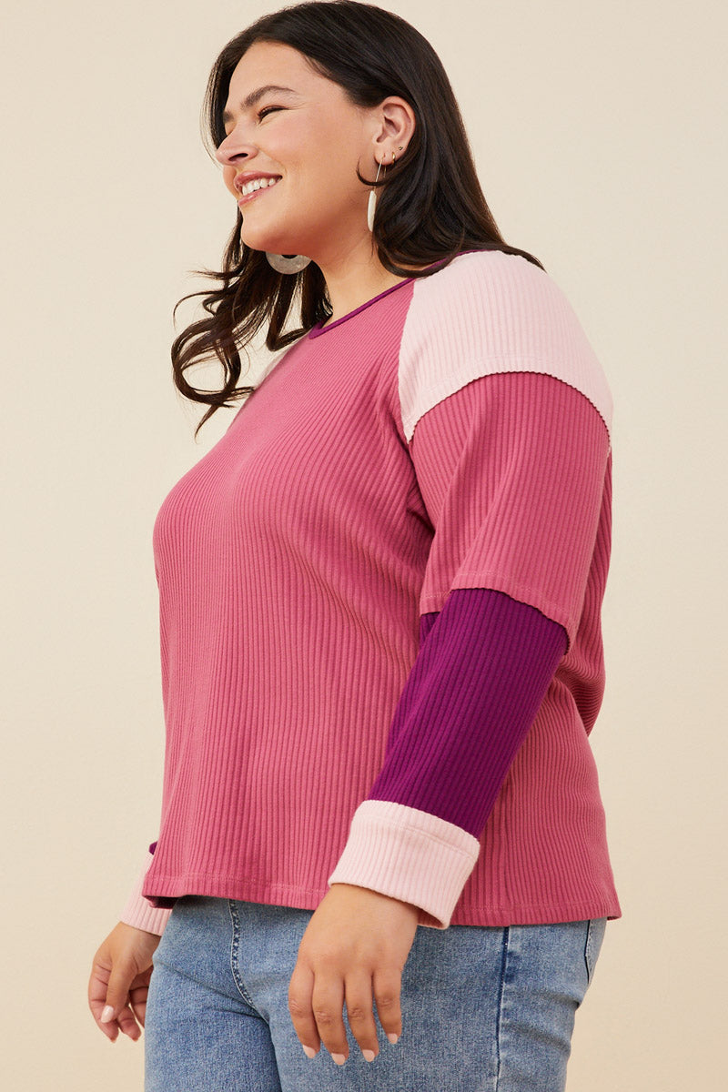 HY8769W Pink Mix Plus Color Block Ribbed Knit Long Sleeve Top Gif