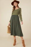 HY8774 Olive Womens Ribbed Knit Mixed Media Scoop Neck Dress Front