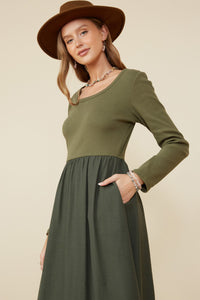 HY8774 Olive Womens Ribbed Knit Mixed Media Scoop Neck Dress Gif