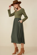 HY8774 Olive Womens Ribbed Knit Mixed Media Scoop Neck Dress Side