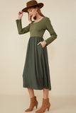 HY8774 Olive Womens Ribbed Knit Mixed Media Scoop Neck Dress Side